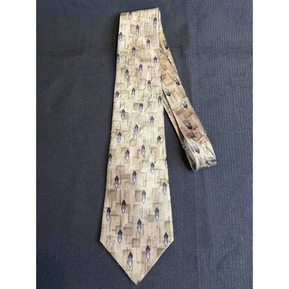 DAVID TAYLOR Mens Tie Tan Blue Geometric Pattern Polyester Necktie Classic